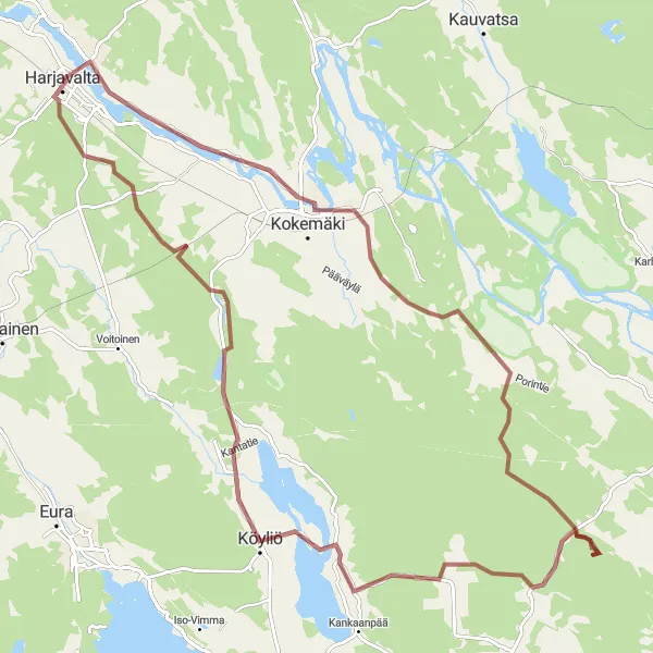 Karttaminiaatyyri "Kokemäki - Hiittenharju Polkupyöräreitti" pyöräilyinspiraatiosta alueella Länsi-Suomi, Finland. Luotu Tarmacs.app pyöräilyreittisuunnittelijalla