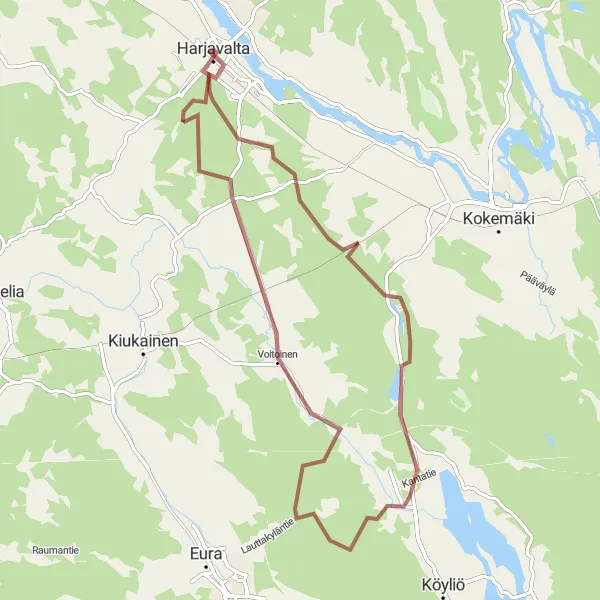 Map miniature of "Harjavalta Loop" cycling inspiration in Länsi-Suomi, Finland. Generated by Tarmacs.app cycling route planner