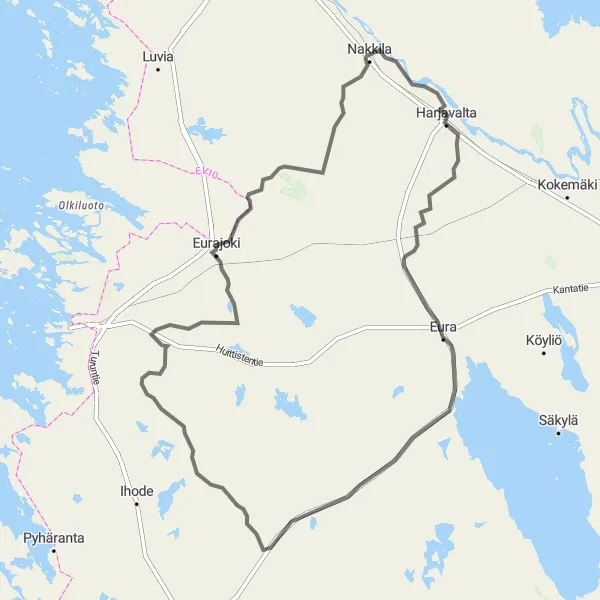 Map miniature of "Harjavalta-Kiukainen-Eura-Hinnerjoki-Kodisjoki-Kurjenvuori-Eurajoki-Huhta-Nakkila-Harjavalta Road Cycling Route" cycling inspiration in Länsi-Suomi, Finland. Generated by Tarmacs.app cycling route planner