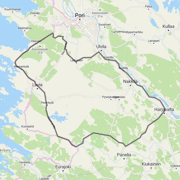 Map miniature of "Harjavalta-Irjanne-Luvia-Stenroosinmäki-Haistila-Nakkila-Harjavalta Road Cycling Route" cycling inspiration in Länsi-Suomi, Finland. Generated by Tarmacs.app cycling route planner