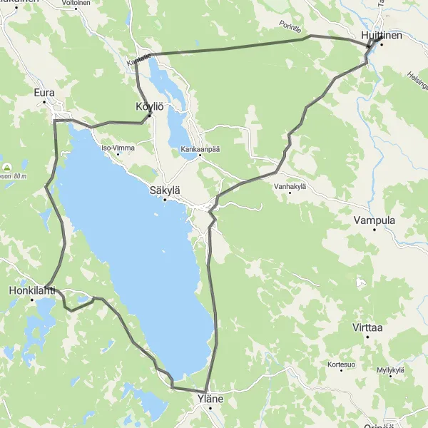 Map miniature of "Huittinen-Köyliö-Raijala Circuit" cycling inspiration in Länsi-Suomi, Finland. Generated by Tarmacs.app cycling route planner