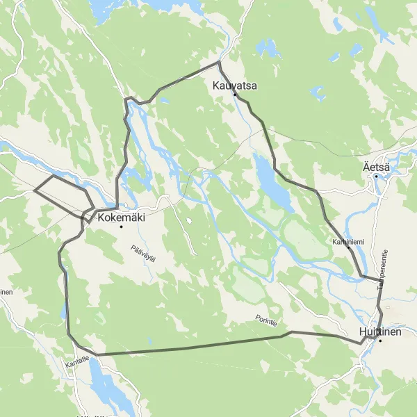 Map miniature of "Huittinen-Lauttakylä-Kokemäki-Kauvatsa-Karhiniemi Circuit" cycling inspiration in Länsi-Suomi, Finland. Generated by Tarmacs.app cycling route planner