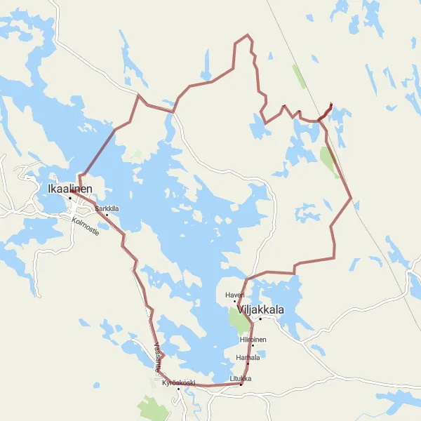 Map miniature of "Gravel Bliss: Kurinranta to Sarkkilanjärvi" cycling inspiration in Länsi-Suomi, Finland. Generated by Tarmacs.app cycling route planner