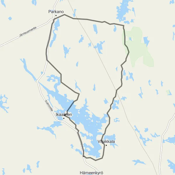 Karttaminiaatyyri "Ikaalisten kierros" pyöräilyinspiraatiosta alueella Länsi-Suomi, Finland. Luotu Tarmacs.app pyöräilyreittisuunnittelijalla