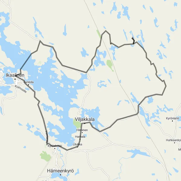 Karttaminiaatyyri "Ikaalinen - Luhalahti - Viljakkala - Sarkkilanjärvi" pyöräilyinspiraatiosta alueella Länsi-Suomi, Finland. Luotu Tarmacs.app pyöräilyreittisuunnittelijalla