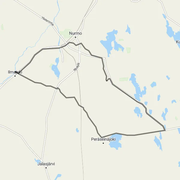 Karttaminiaatyyri "Seinäjoki - Pojanluoma Circuit" pyöräilyinspiraatiosta alueella Länsi-Suomi, Finland. Luotu Tarmacs.app pyöräilyreittisuunnittelijalla
