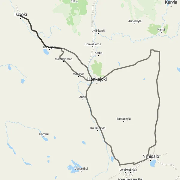 Map miniature of "Honkajoki Loop" cycling inspiration in Länsi-Suomi, Finland. Generated by Tarmacs.app cycling route planner