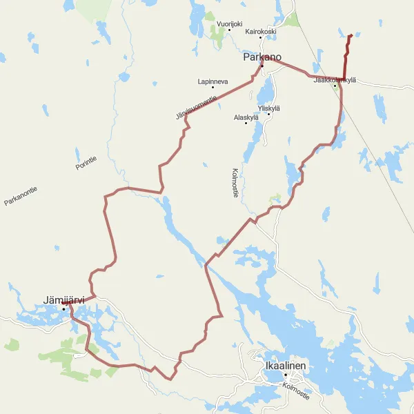 Map miniature of "Parkano Gravel Adventure" cycling inspiration in Länsi-Suomi, Finland. Generated by Tarmacs.app cycling route planner