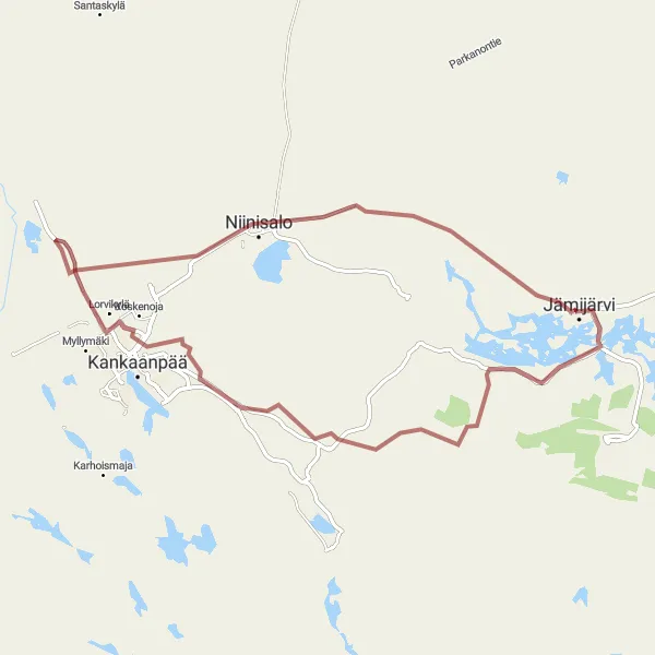 Karttaminiaatyyri "Jämijärvi - Kankaanpää - Niinisalo Gravel Cycling Route" pyöräilyinspiraatiosta alueella Länsi-Suomi, Finland. Luotu Tarmacs.app pyöräilyreittisuunnittelijalla