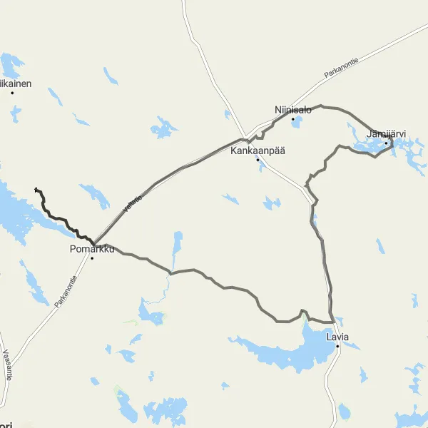 Map miniature of "Road Cycling Adventure: Jämijärvi to Niinisalo" cycling inspiration in Länsi-Suomi, Finland. Generated by Tarmacs.app cycling route planner