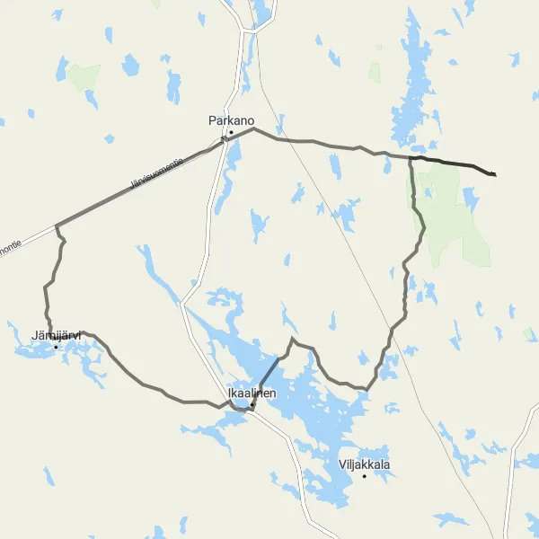 Karttaminiaatyyri "Jämijärvi - Luhalahti - Kyrösjärvi Road Cycling Route" pyöräilyinspiraatiosta alueella Länsi-Suomi, Finland. Luotu Tarmacs.app pyöräilyreittisuunnittelijalla