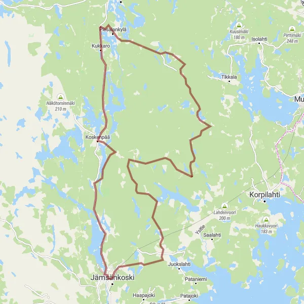 Map miniature of "Gravel Tour to Kankarisvesi, Moksi, and Jämsänkoski" cycling inspiration in Länsi-Suomi, Finland. Generated by Tarmacs.app cycling route planner