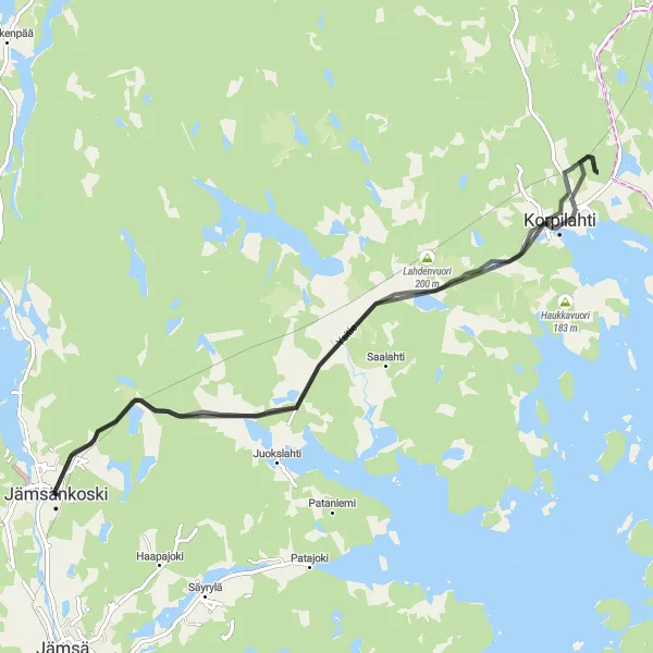 Map miniature of "Saakoski to Korpilahti Scenic Road" cycling inspiration in Länsi-Suomi, Finland. Generated by Tarmacs.app cycling route planner