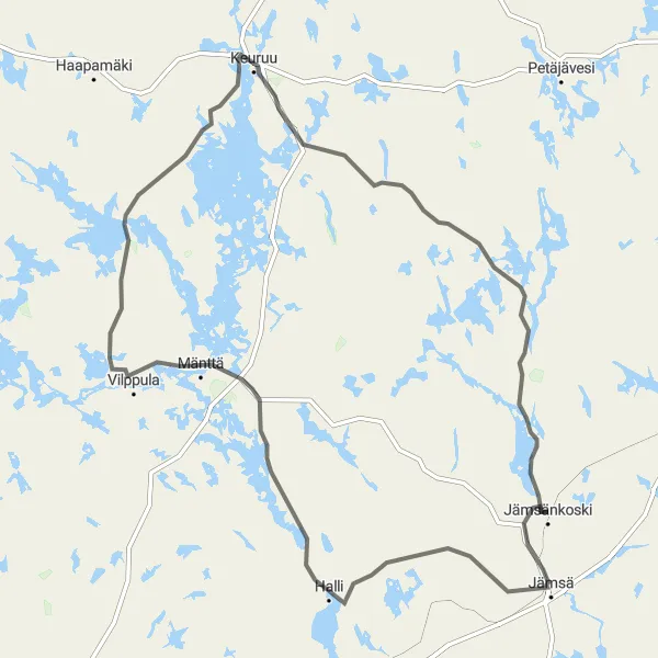 Karttaminiaatyyri "Jämsä-Mänttä-Kolho-Keuruu pyörämatka" pyöräilyinspiraatiosta alueella Länsi-Suomi, Finland. Luotu Tarmacs.app pyöräilyreittisuunnittelijalla