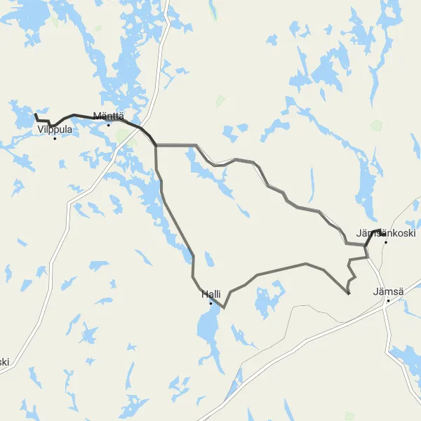 Map miniature of "Jämsänkoski to Vilppula Road Loop" cycling inspiration in Länsi-Suomi, Finland. Generated by Tarmacs.app cycling route planner