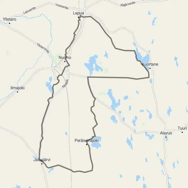 Karttaminiaatyyri "Luopajärvi - Nurmo - Peräseinäjoki" pyöräilyinspiraatiosta alueella Länsi-Suomi, Finland. Luotu Tarmacs.app pyöräilyreittisuunnittelijalla