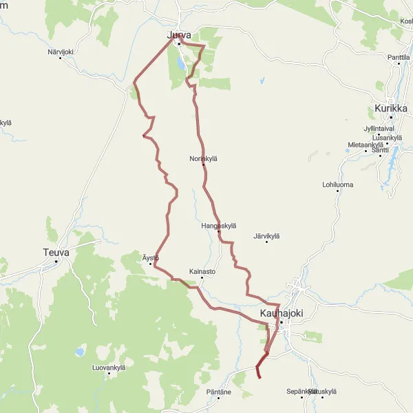 Map miniature of "Kauhajoki Gravel Adventure" cycling inspiration in Länsi-Suomi, Finland. Generated by Tarmacs.app cycling route planner