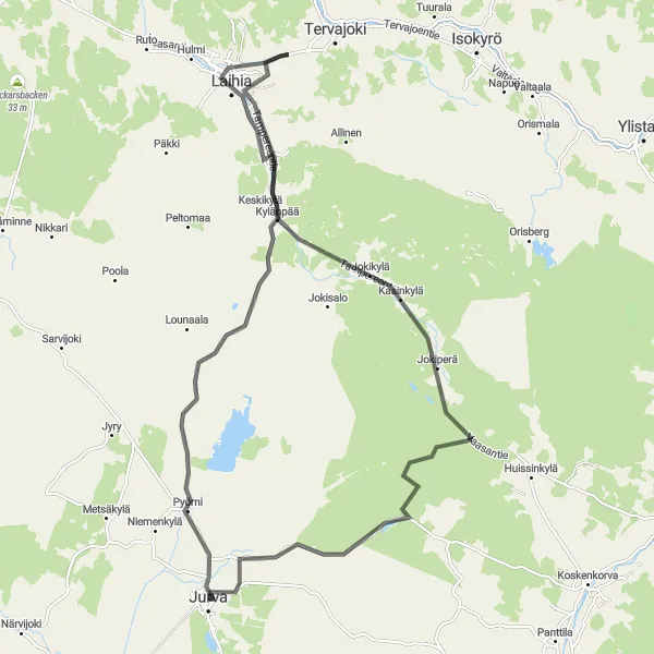 Map miniature of "Jurva to Laihia Road Ride" cycling inspiration in Länsi-Suomi, Finland. Generated by Tarmacs.app cycling route planner