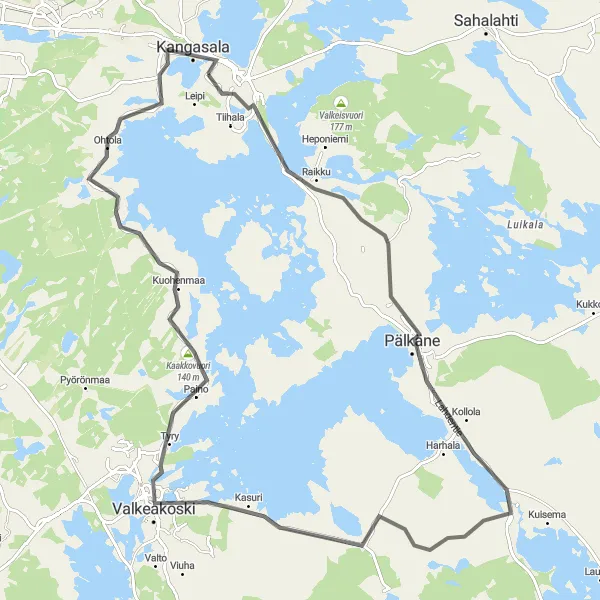 Map miniature of "Road Cycling Wonders of Kangasala" cycling inspiration in Länsi-Suomi, Finland. Generated by Tarmacs.app cycling route planner