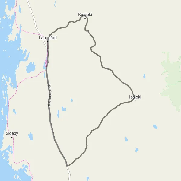 Map miniature of "Scenic Road Route through Vanhakylä, Isojoki, Ömossa, and Lappfjärd" cycling inspiration in Länsi-Suomi, Finland. Generated by Tarmacs.app cycling route planner