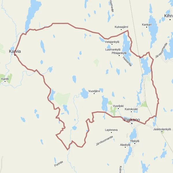 Karttaminiaatyyri "Karvia-Kuivasjärvi-Parkano kierros" pyöräilyinspiraatiosta alueella Länsi-Suomi, Finland. Luotu Tarmacs.app pyöräilyreittisuunnittelijalla