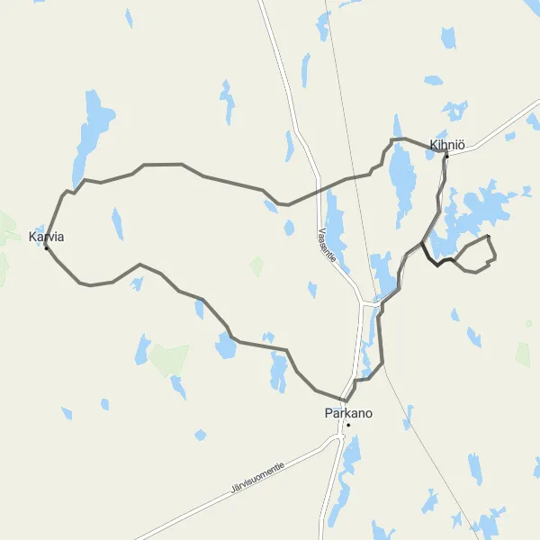 Karttaminiaatyyri "Karvia-Kuivasjärvi-Kihniö maantieretki" pyöräilyinspiraatiosta alueella Länsi-Suomi, Finland. Luotu Tarmacs.app pyöräilyreittisuunnittelijalla