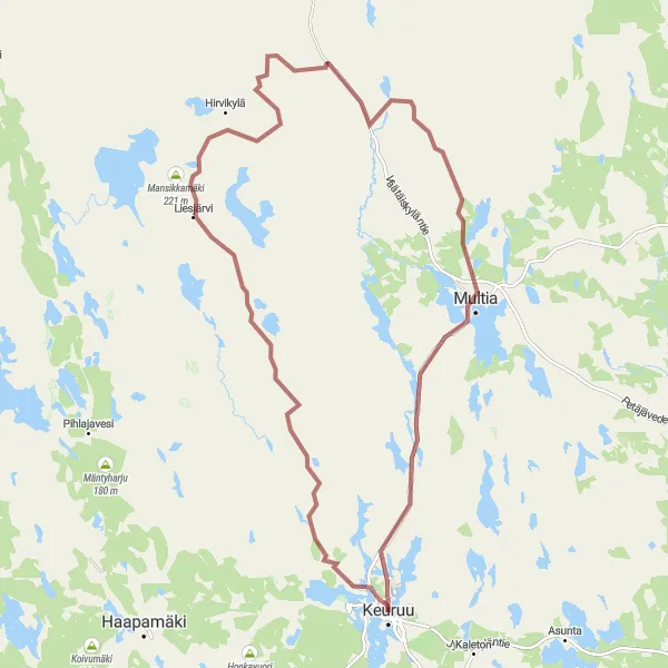 Map miniature of "Keuruu Gravel Adventure" cycling inspiration in Länsi-Suomi, Finland. Generated by Tarmacs.app cycling route planner