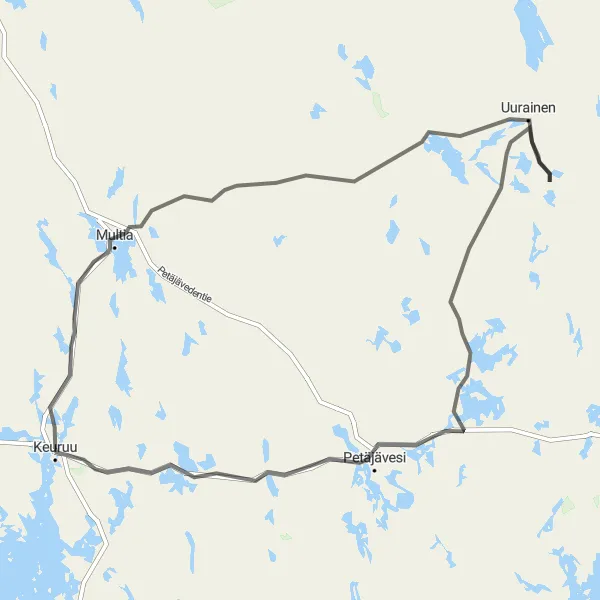 Map miniature of "Keuruu's Ultimate Cycling Challenge" cycling inspiration in Länsi-Suomi, Finland. Generated by Tarmacs.app cycling route planner