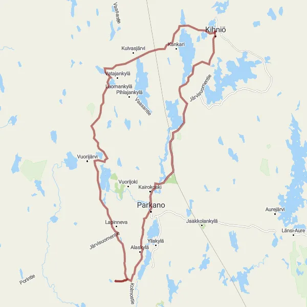 Map miniature of "Parkano-Lapinneva Gravel Loop" cycling inspiration in Länsi-Suomi, Finland. Generated by Tarmacs.app cycling route planner