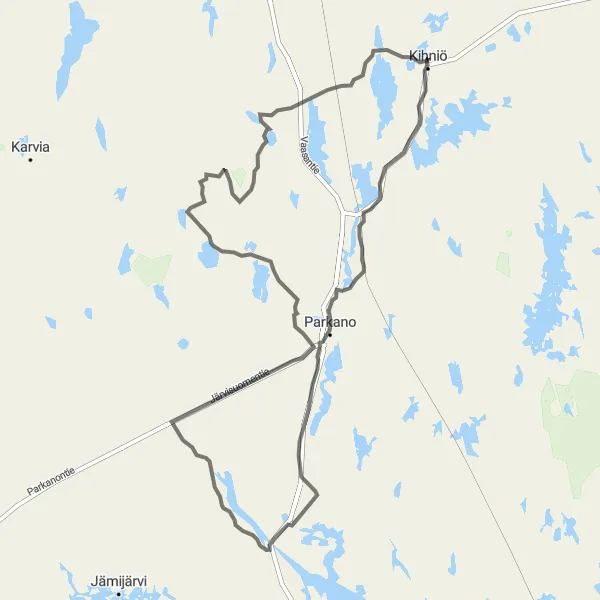 Map miniature of "Parkano-Kuivasjärvi Circuit" cycling inspiration in Länsi-Suomi, Finland. Generated by Tarmacs.app cycling route planner