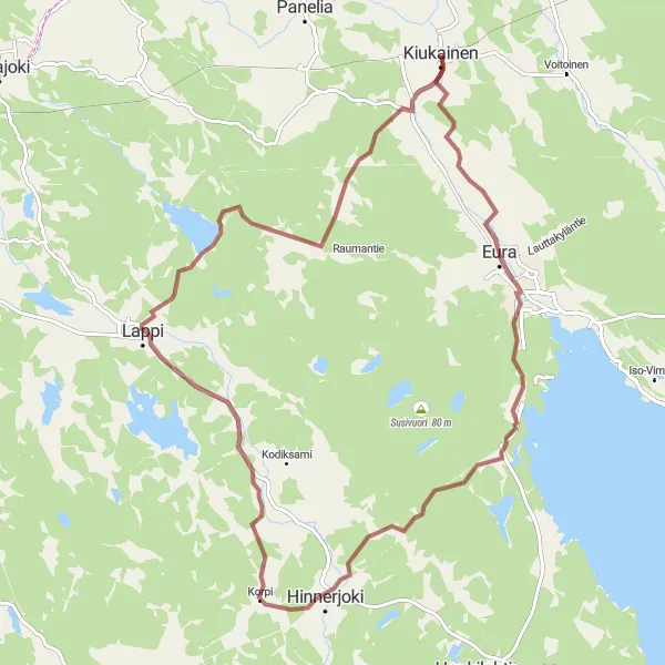 Karttaminiaatyyri "Euran maalaisreitti ja Ryssänvuoren maisemat" pyöräilyinspiraatiosta alueella Länsi-Suomi, Finland. Luotu Tarmacs.app pyöräilyreittisuunnittelijalla