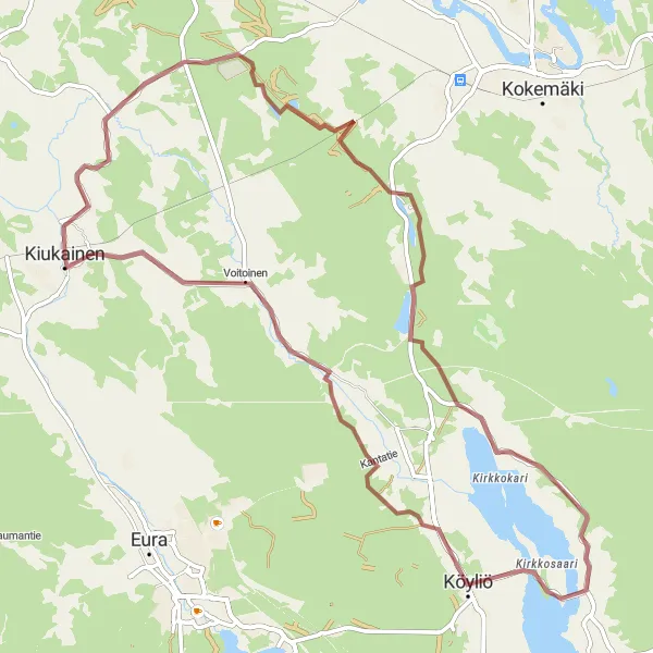 Map miniature of "Scenic Gravel Loop in Köyliö" cycling inspiration in Länsi-Suomi, Finland. Generated by Tarmacs.app cycling route planner