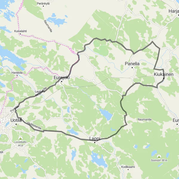 Karttaminiaatyyri "Kiukainen - Naarjoki - Lappi - Kurjenvuori - Eurajoki" pyöräilyinspiraatiosta alueella Länsi-Suomi, Finland. Luotu Tarmacs.app pyöräilyreittisuunnittelijalla