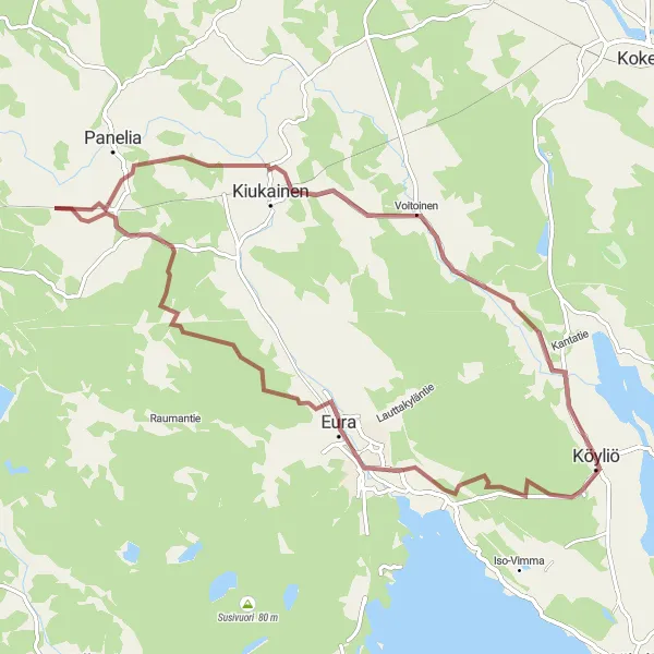 Karttaminiaatyyri "Köyliö - Eura - Köyliö (Gravel)" pyöräilyinspiraatiosta alueella Länsi-Suomi, Finland. Luotu Tarmacs.app pyöräilyreittisuunnittelijalla