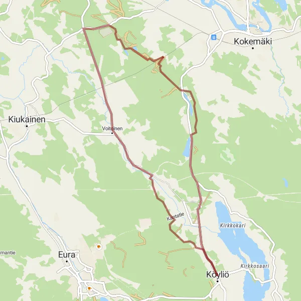 Map miniature of "Scenic Gravel Ride: Köyliö to Palojärven laavu" cycling inspiration in Länsi-Suomi, Finland. Generated by Tarmacs.app cycling route planner
