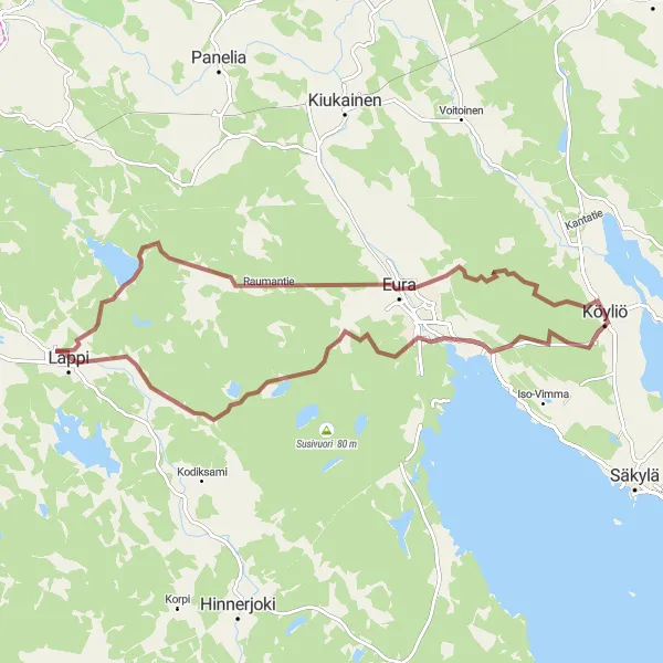 Map miniature of "Through the Scenic Gravel Roads: Köyliö to Ryssänvuori" cycling inspiration in Länsi-Suomi, Finland. Generated by Tarmacs.app cycling route planner