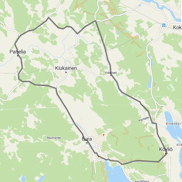 Map miniature of "Eura Exploration: Köyliö to Panelia" cycling inspiration in Länsi-Suomi, Finland. Generated by Tarmacs.app cycling route planner