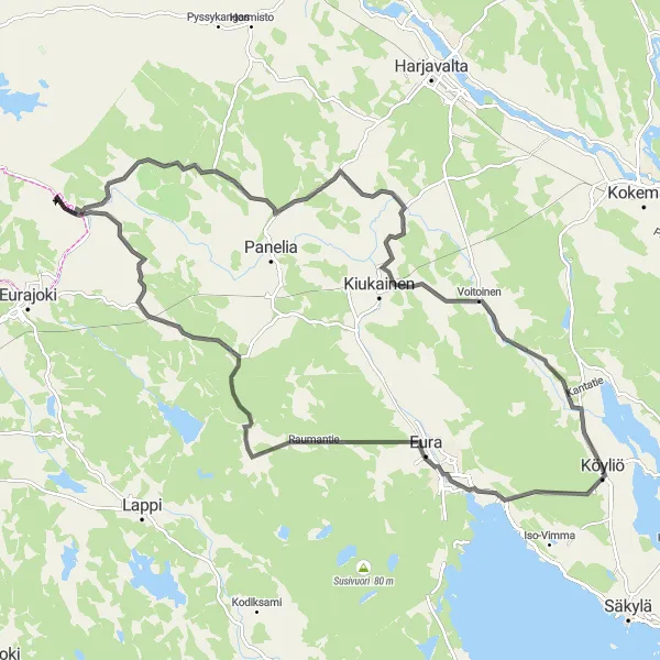 Map miniature of "Discovering Köyliö and Beyond" cycling inspiration in Länsi-Suomi, Finland. Generated by Tarmacs.app cycling route planner