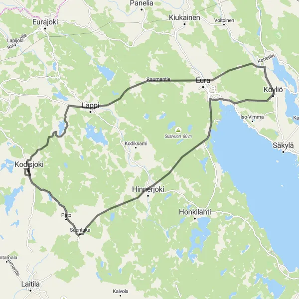Map miniature of "Scenic Tour around Köyliö" cycling inspiration in Länsi-Suomi, Finland. Generated by Tarmacs.app cycling route planner