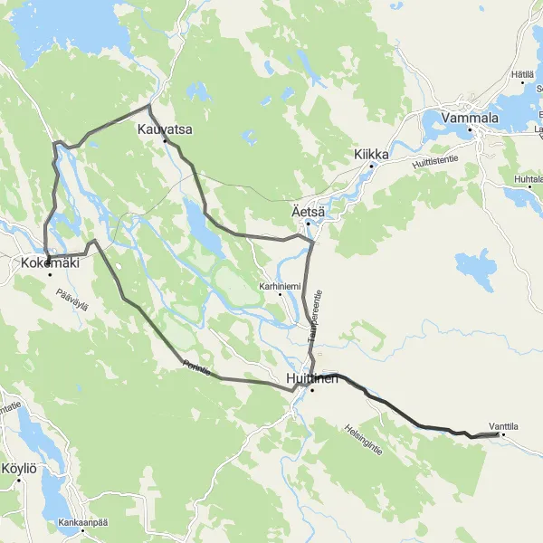 Map miniature of "Discover Huittinen and Keikyä by Bike" cycling inspiration in Länsi-Suomi, Finland. Generated by Tarmacs.app cycling route planner