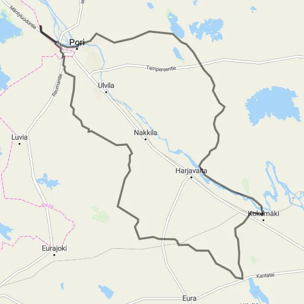 Map miniature of "Coastal Road Tour from Kokemäki to Pori" cycling inspiration in Länsi-Suomi, Finland. Generated by Tarmacs.app cycling route planner