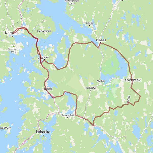 Map miniature of "Korpilahti Loop by Gravel" cycling inspiration in Länsi-Suomi, Finland. Generated by Tarmacs.app cycling route planner