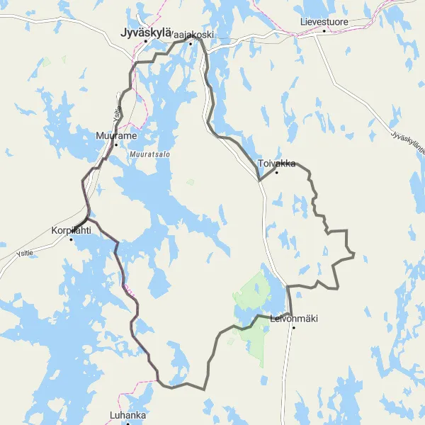 Karttaminiaatyyri "Haastava Maastopyöräreitti Jyväskylästä Leivonmäelle" pyöräilyinspiraatiosta alueella Länsi-Suomi, Finland. Luotu Tarmacs.app pyöräilyreittisuunnittelijalla