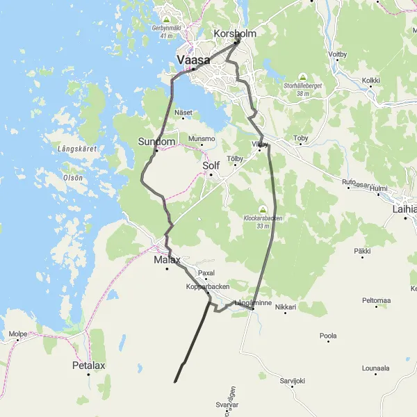 Karttaminiaatyyri "Vaasa - Ämmänmäki - Vanha Vaasa - Sundom - Vaasa" pyöräilyinspiraatiosta alueella Länsi-Suomi, Finland. Luotu Tarmacs.app pyöräilyreittisuunnittelijalla