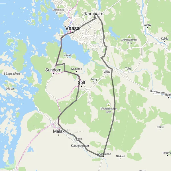 Karttaminiaatyyri "Vaasa - Ristinummi - Nyback berget - Solf - Vaasa - Korsholm" pyöräilyinspiraatiosta alueella Länsi-Suomi, Finland. Luotu Tarmacs.app pyöräilyreittisuunnittelijalla