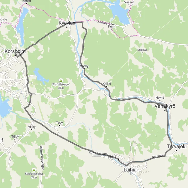 Karttaminiaatyyri "Vaasa - Kvevlax - Merikaarto - Vähäkyrö - Laihia - Vaasa" pyöräilyinspiraatiosta alueella Länsi-Suomi, Finland. Luotu Tarmacs.app pyöräilyreittisuunnittelijalla