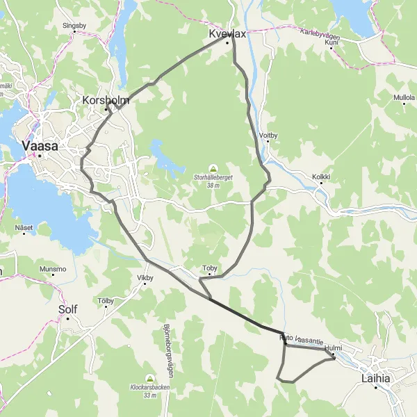 Map miniature of "Kvevlax and Suvilahden huippu Road Route" cycling inspiration in Länsi-Suomi, Finland. Generated by Tarmacs.app cycling route planner