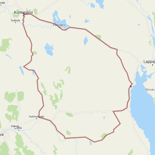 Map miniature of "Gravel Adventure to Nuottimäki, Karvala, and Kortesjärvi" cycling inspiration in Länsi-Suomi, Finland. Generated by Tarmacs.app cycling route planner