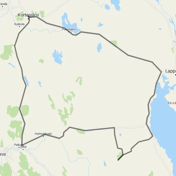 Map miniature of "Kortesjärvi and Karvala Loop" cycling inspiration in Länsi-Suomi, Finland. Generated by Tarmacs.app cycling route planner