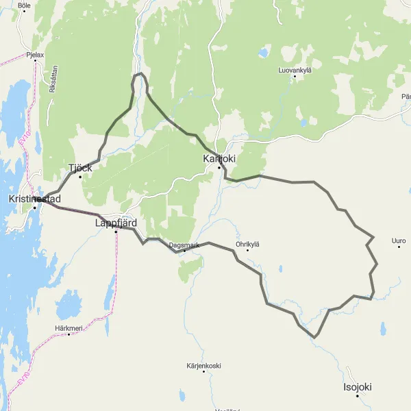 Map miniature of "Karijoki Scenic Road Cycling" cycling inspiration in Länsi-Suomi, Finland. Generated by Tarmacs.app cycling route planner